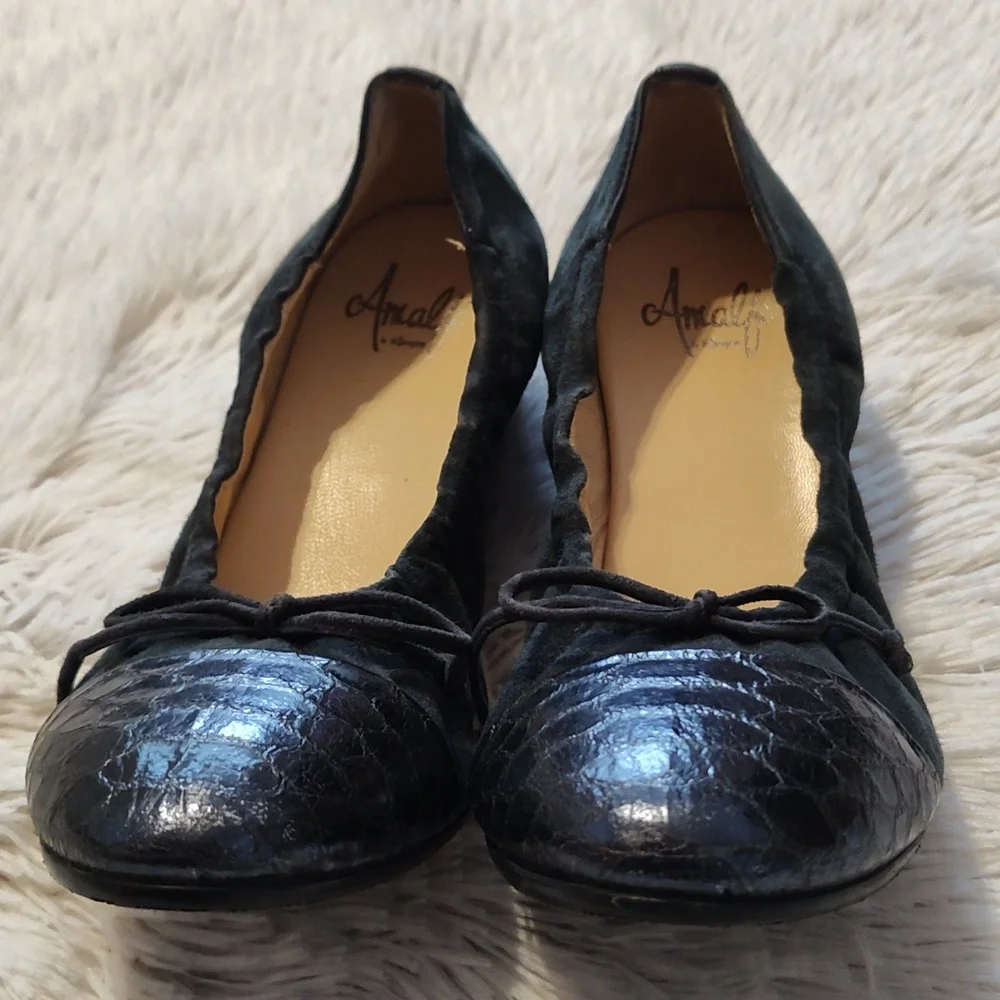 Amalfi By Rangoni Suede Cap Toe Ballet Flat Wedges Navy Blue Patent Croc Italy 7